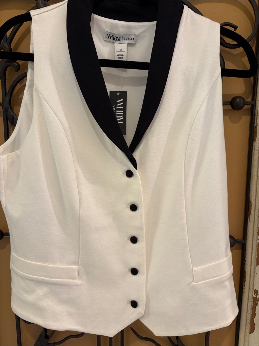 White House Black Market White Vest with Black Trim Ponte Tuxedo Vest